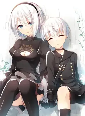 Digital art of NieR: Automata's 2B and 9S sitting together without blindfolds. 9S is leaning his head on 2B's shoulder while they hold hands in a peaceful, bright setting.