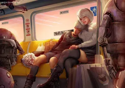 2B and 9S from NieR: Automata resting together on a train seat, with 9S asleep on 2B's shoulder. The scene is set against a sunset backdrop, with various machines and shopping bags around them.