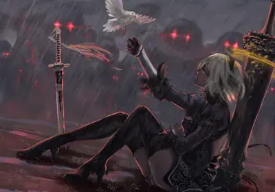 Digital art of 2B from NieR:Automata sitting in the rain, reaching for a white dove with machines looming in the dark background.