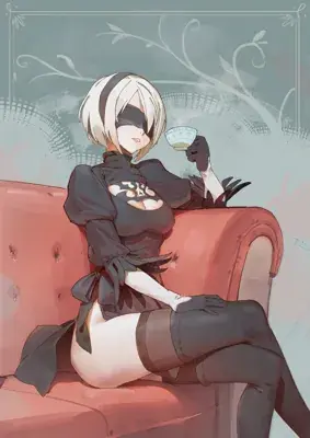 Illustration of 2B enjoying a cup of tea.