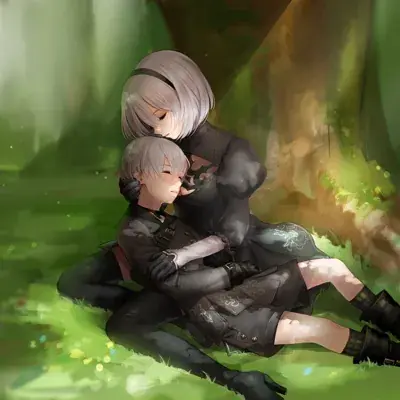 2B cradling 9S in a forest clearing.
