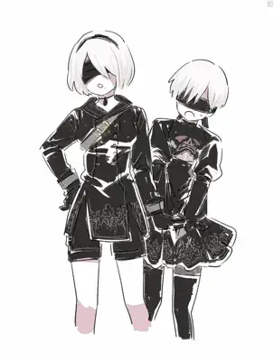 A digital drawing of two white-haired characters from NieR:Automata, both wearing black blindfolds and combat outfits. The character on the left, resembling 2B, stands confidently, while the character on the right appears more reserved.