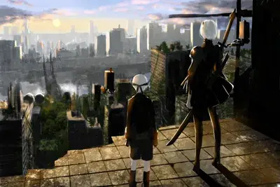 2B and 9S stand on a rooftop at sunset, looking out over a post-apocalyptic city overgrown with nature.