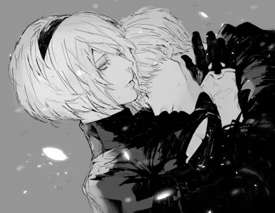 Monochromatic digital art of 2B and 9S from NieR:Automata sharing a somber embrace without their blindfolds.