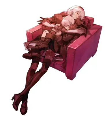 Illustration of 2B and 9S resting together.