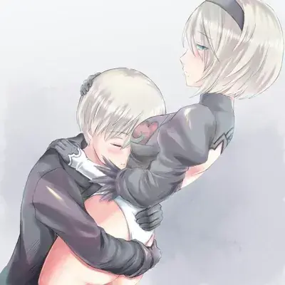 Digital fan art depicting 9S embracing 2B tightly, burying his face into her chest. 2B looks off to the side with a pensive expression, wearing her black YoRHa top and white briefs.