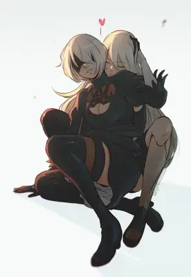 Illustration of 2B and 9S embracing.