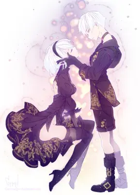 Illustration of 2B and 9S embracing, with a soft pink and purple background.