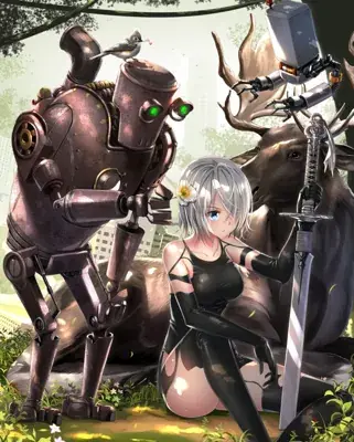 Digital illustration showing 2B sitting in a black leotard and gloves, holding a sword, in an overgrown city setting. She is flanked by a rusty machine lifeform and a large moose whose antlers are held by a YoRHa Pod.
