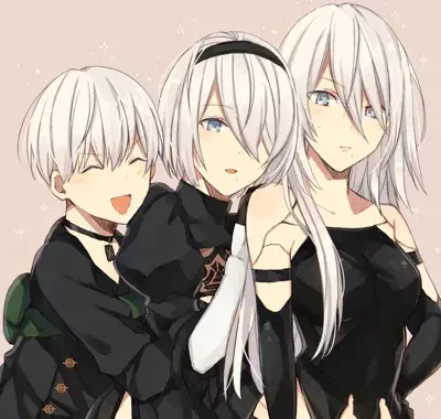 Digital anime art of NieR Automata characters 9S, 2B, and A2. 9S is hugging 2B happily, while 2B and A2 look slightly flustered. They are wearing their black outfits against a light pink background.