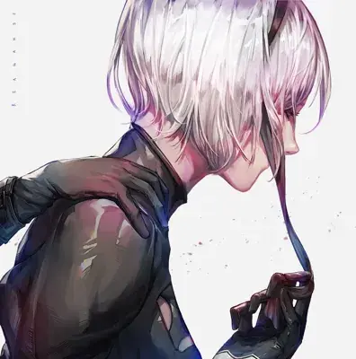 Digital art of A2 from NieR:Automata with her head bowed and white hair flowing.
