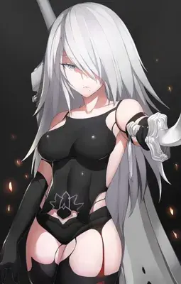 Digital anime art of A2 from NieR: Automata with long white hair, wearing a black leotard and holding a sword against a dark, ember-filled background.