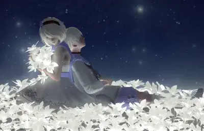 A2 and 9S from Nier Automata sitting back-to-back in a field of white flowers - digital artwork showing android characters in school-style uniforms