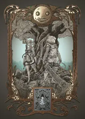 Illustration featuring A2 and a warrior from Nier Automata framed with Emil iconography in a detailed artistic style