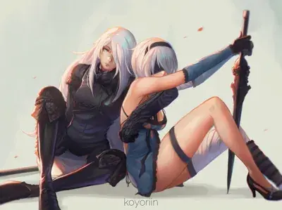 Digital art of NieR: Automata characters A2 and 2B sitting back-to-back. A2 has long white hair and a black outfit, while 2B wears a blue dress and blindfold while holding a sword.