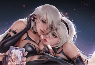 Digital art of A2 and 2B from NieR:Automata lying together and taking a selfie on a smartphone.