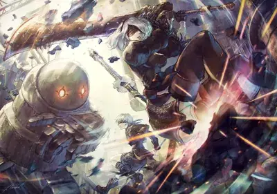 NieR:Automata characters A2 and 9S fighting a large machine enemy.