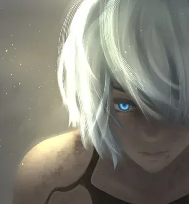 A close-up digital art piece of A2 from NieR: Automata with short white hair, one visible blue eye, and dirt on her face, set against a dark, hazy background.
