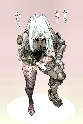 A2 from Nier Automata adjusting her leg armor - digital artwork showing android warrior in signature outfit