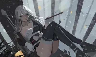 A2 from Nier Automata A2 resting in the forest - digital artwork showing android warrior in signature outfit