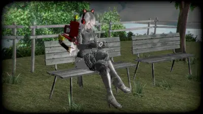 A2 from Nier Automata sitting on a bench - digital artwork showing android warrior in signature outfit