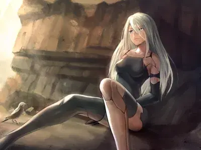 A2 from Nier Automata sitting calmly in a ruined landscape - digital artwork showing android warrior in signature outfit