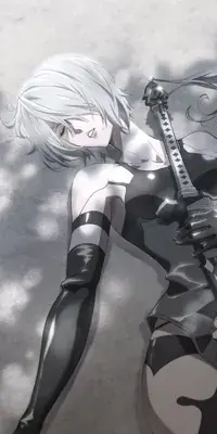 A2 from Nier Automata Lying-Down with sword - digital artwork showing android warrior in signature outfit