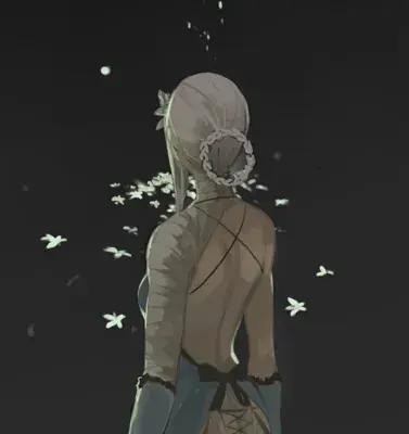 A2 from Nier Automata standing in darkness with floating white petals - digital artwork showing android warrior