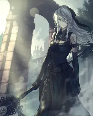 A2 from Nier Automata standing in a ruined forest - digital artwork showing android warrior in signature outfit