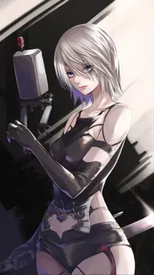 A2 from Nier Automata, a digital artwork showing the android warrior in her signature combat outfit with white hair.