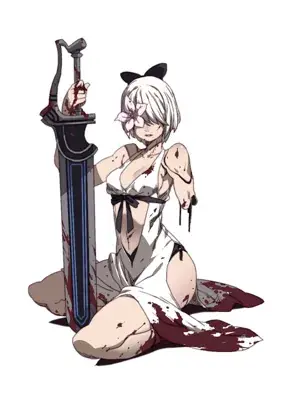 Fan art illustration of A2 battle-worn and resting with her sword from Square Enix's Nier Automata game