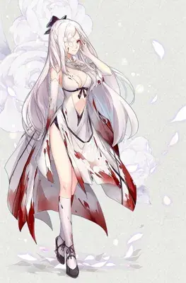 A2 from Nier Automata in a blood-stained white outfit - digital artwork showing android warrior in signature style