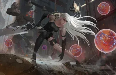 A2 from Nier Automata in a fierce combat pose - digital artwork showing android warrior amidst machine enemies