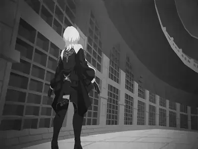 A2 stands with her back to the viewer in a ruined building.