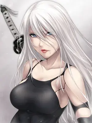 Digital anime-style artwork of A2 from NieR: Automata featuring her long white hair and black outfit with a sword hilt visible behind her shoulder.