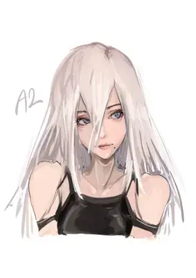 Digital painting of A2 from NieR:Automata with white hair and blue eyes.