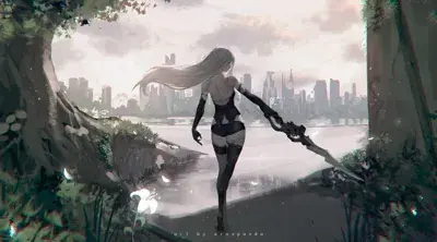 Digital artwork of A2 from NieR: Automata seen from behind, walking through a post-apocalyptic landscape towards a city skyline, holding a large sword.
