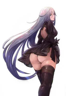 Digital art depiction of NieR: Automata character A2 in a revealing black dress and thigh-high boots, looking back over her shoulder with long white hair flowing dramatically.
