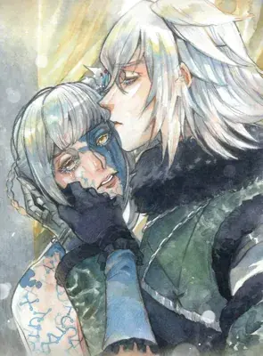 Fan art illustration of Adam and Eve tender moment from Square Enix's Nier Automata game