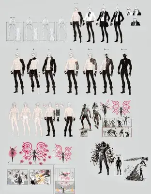 Adam and Eve from Nier Automata concept sheet - digital artwork showing character design evolution and combat poses