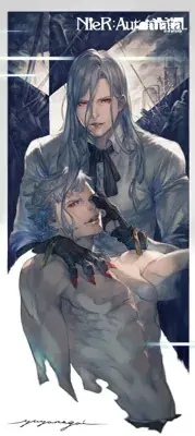Adam and Eve from Nier Automata digital artwork showing the machine siblings in a detailed artistic style