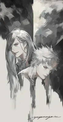 Adam and Eve from Nier Automata oil painting style digital artwork showing the twin machine lifeforms