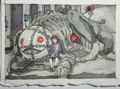 Adam from Nier Automata sitting against a chained machine - watercolor illustration showing the character in a detailed drawing