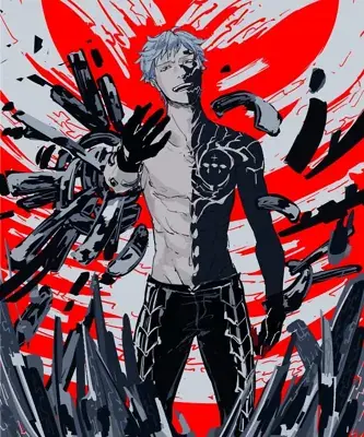 Adam from Nier Automata standing in a powerful pose amidst red abstract effects - digital artwork showing the machine leader