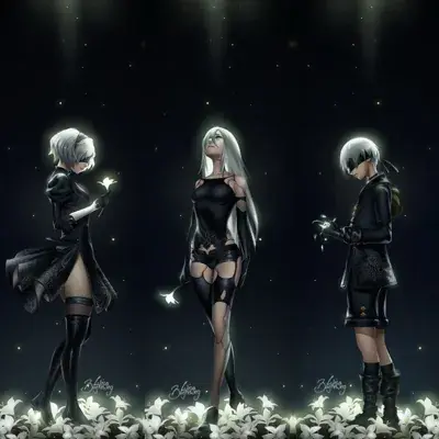 Digital art of 2B, A2, and 9S holding glowing flowers in a dark field.