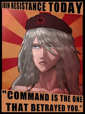 Anemone from Nier Automata Resistance propaganda poster - digital artwork showing android leader in beret
