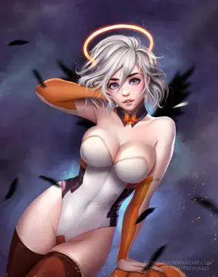 Digital painting of a woman with short white hair wearing a white and orange leotard and a glowing halo against a dark purple background with black feathers.