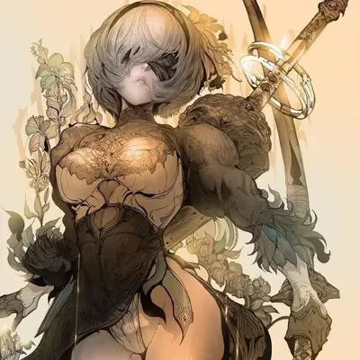 A stylized digital painting of 2B from NieR: Automata, showing her in her iconic black dress and blindfold, standing against a floral background with a sword on her back.