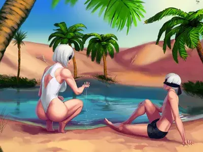 2B and 9S relaxing on a tropical beach.