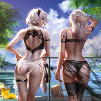 Digital art of 2B and A2 from NieR:Automata enjoying a beach vacation.